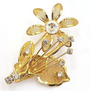 Vintage Goldtone Metal Mesh & Rhinestone Flower Bouquet  Brooch
